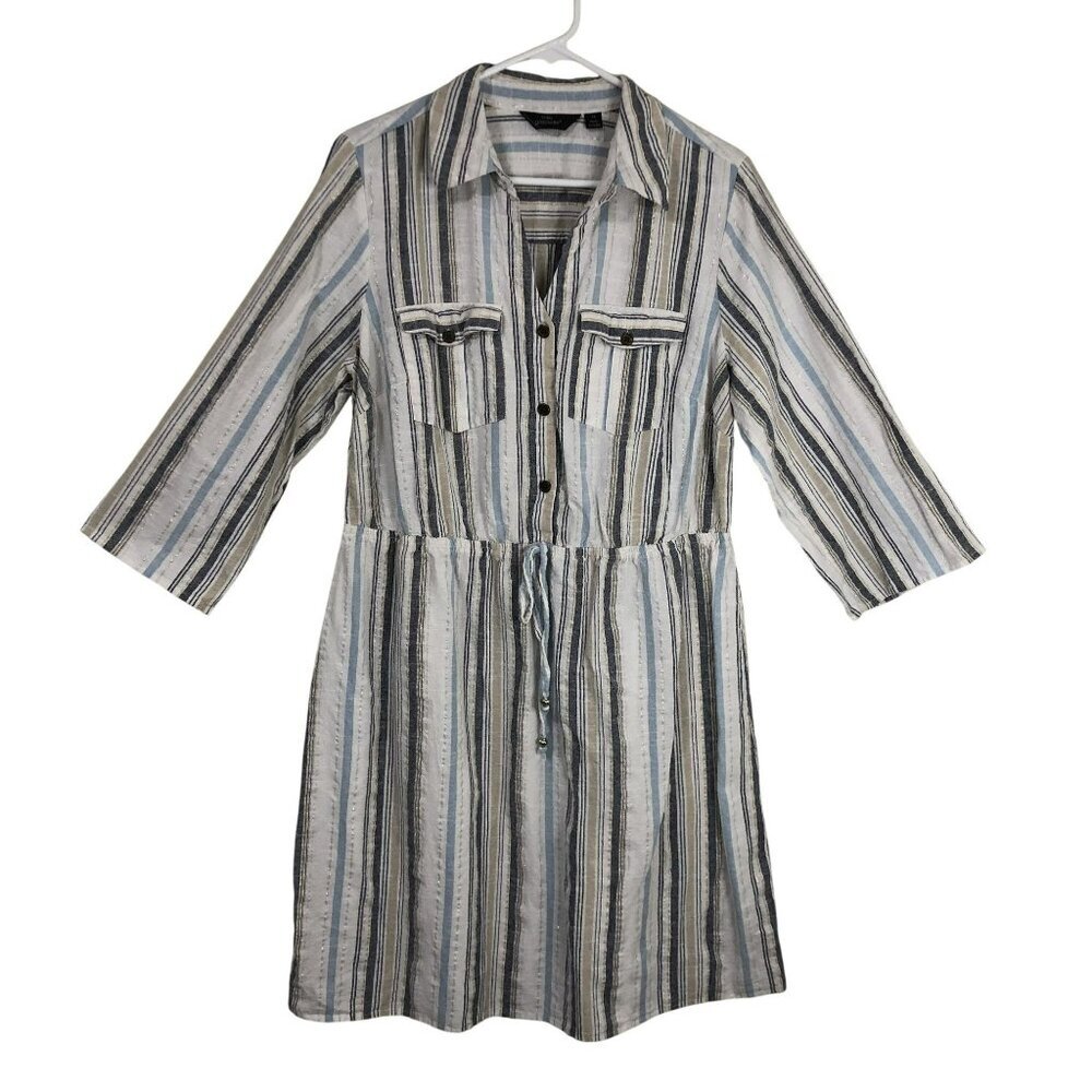 Mlle Gabrielle Dress Midi 1X Striped Button-Front Drawstring Waist & 3/4 Sleeves